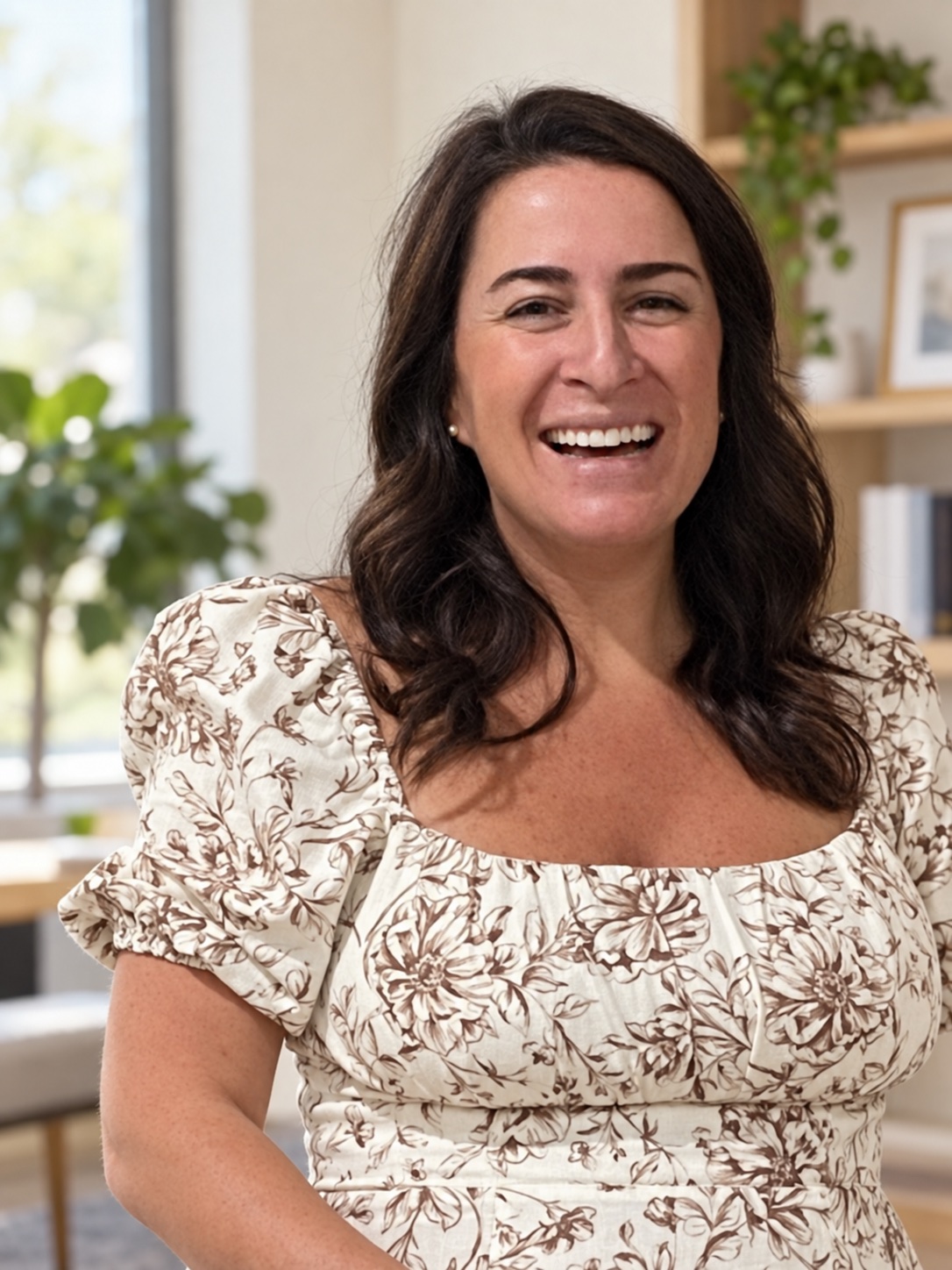 Gina Pinciaro smiling in a cream floral dress.